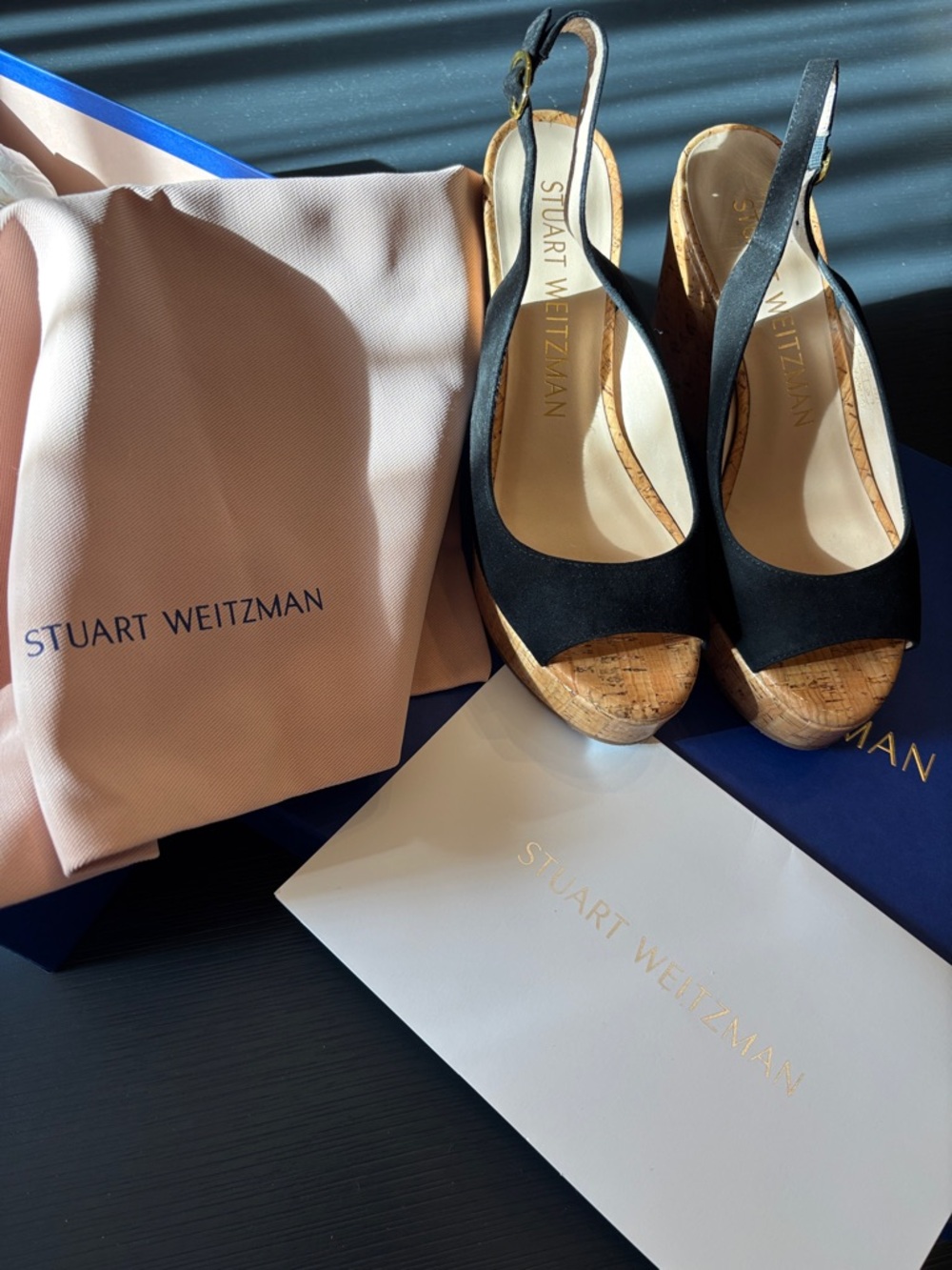 Stuart Weitzman Black Cork Wedge Slingback Sandals